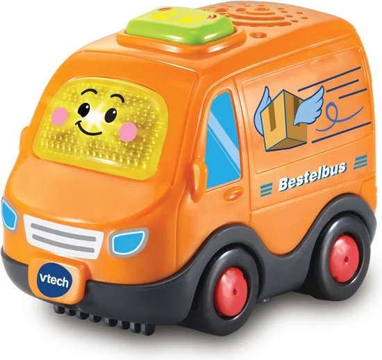 Oranje VTech Boris Bestelbus speelgoed auto met gezichtje en vleugels op de zijkant.
