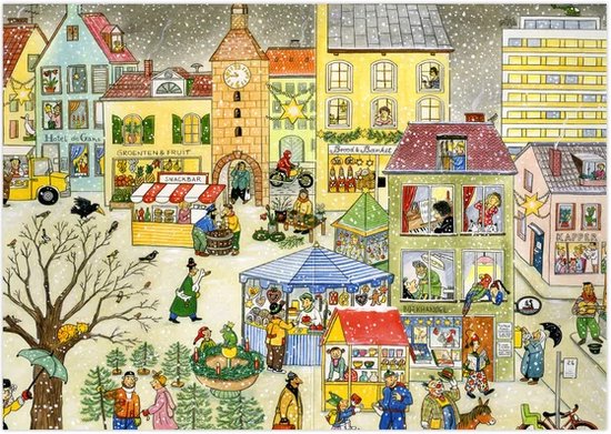 Een winterse stadsdrukte met marktkraampjes, mensen en huizen in de sneeuw.