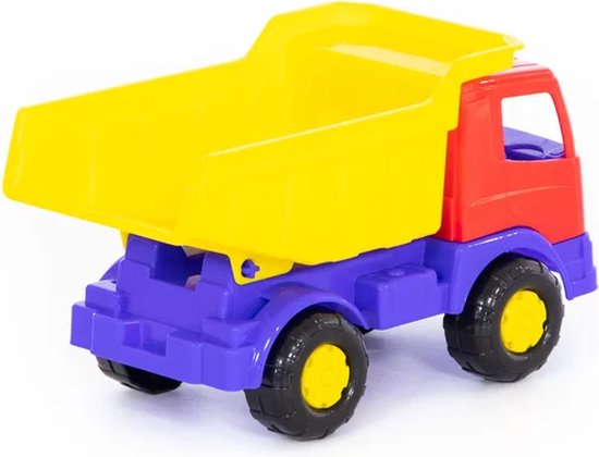 Gele kiepwagen met rode cabine, paarse onderkant en blauwe stoelen. Zwarte wielen met gele doppen.