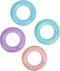 Vier opblaasbare ringen, elk met de tekst 'SWIM ESSENTIALS'. Kleuren: lichtblauw, paars, turquoise en perzik.