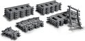 LEGO treinrails: 4 rechte, 8 bocht-, 8 flexibele rails en wisselstukken.