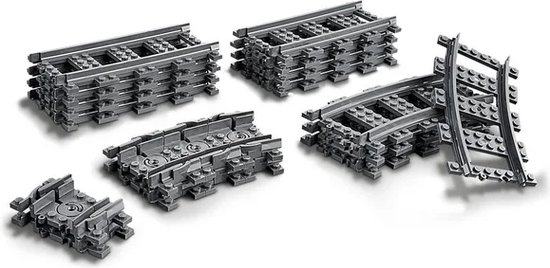 LEGO treinrails: 4 rechte, 8 bocht-, 8 flexibele rails en wisselstukken.