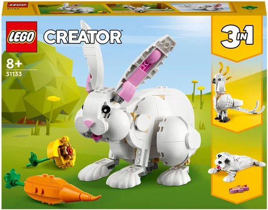 Boîte LEGO Creator : un lapin blanc, un cacatoès blanc, un phoque blanc.