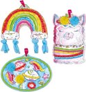 Regenboog, lama en ruimteschip borduurpakketten, met pompons en gekleurde wol.