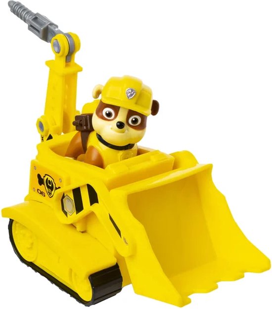 Gele Paw Patrol bulldozer met Rubble, die in de bestuurderscabine zit.