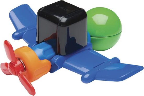 Blauw vliegtuigje met oranje propeller, zwarte cockpit en groene bol.