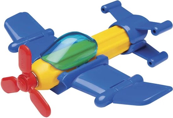 Blauw vliegtuig speelgoed met gele romp, rode propeller, blauwe vleugels en transparant cockpit.