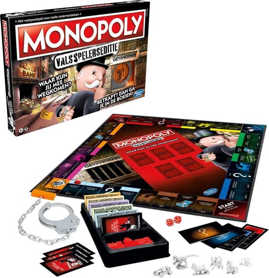 Monopoly Valsspelers Editie bordspel en doos, met Mr. Monopoly, gevangenis, geld, dobbelstenen en fiches.