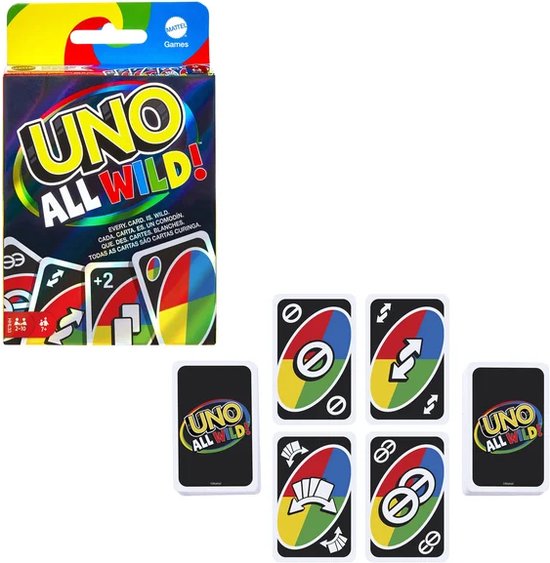 De doos van UNO All Wild en vijf losse speelkaarten met diverse symbolen zoals skip en +2.