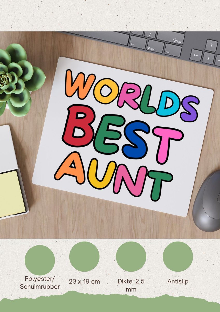Akyol - world's best aunt Muismat - Tante - beste tante - verjaardagscadeau - cadeau voor tante - gift - kado - 23 bij 19 cm