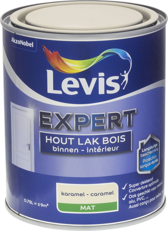 Levis Expert Hout Lak Binnen Mat caramel-karamel. Pot avec couvercle, fond noir.