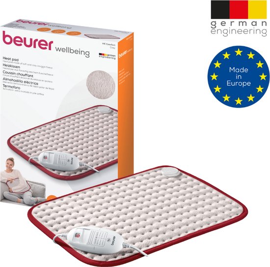 Beurer HK Comfort Cosy Elektrisch Warmtekussen - Heating pad - XL: 44 x 33 cm - 3 Warmtestanden - Max. 65°C - Snelle opwarming - Automatische uitschakeling - Fleece - Machinewasbaar - 3 Jaar garantie - Wit/rood