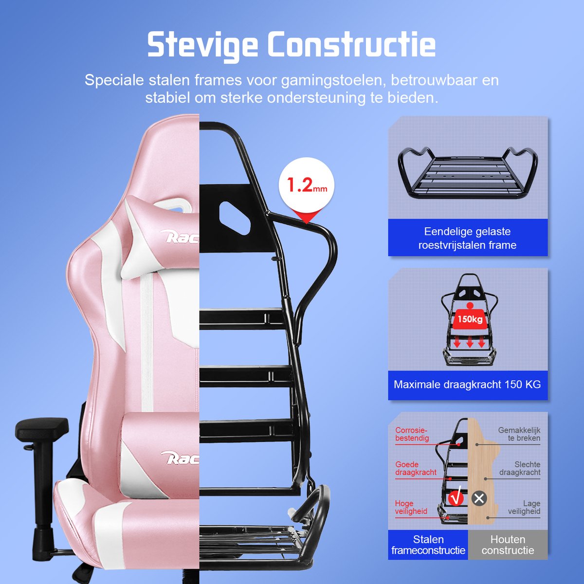 Gaming Stoel Racing Style Verstelbare Rugleuning Pink - afbeelding 3