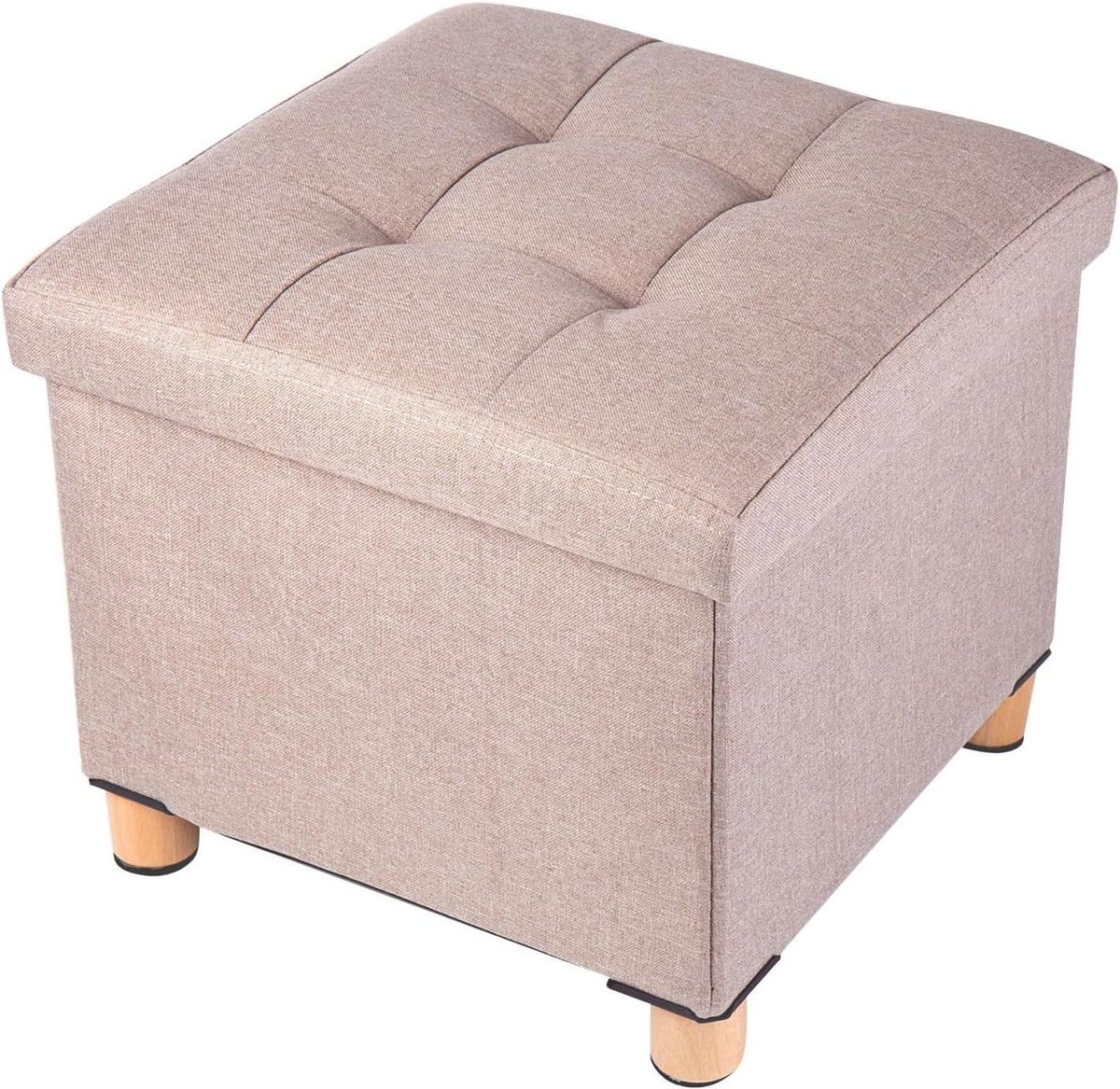 Opvouwbare opbergpoef met houten poten - linnen voetenbank opbergkist - zeer elastische sponsvulling - kaki - 38 x 38 x 38 cm