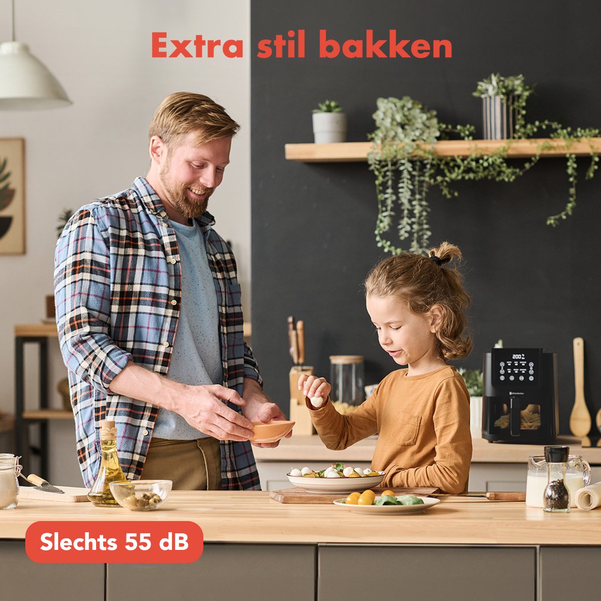 KitchenBrothers Airfryer XL - 1500W - PFAS-Vrij - 5L - Heteluchtfriteuse - 60ºC tot 200ºC - Met kijkvenster - Compact design - Extra stil - 6 Kookprogramma's - Zwart — afbeelding 4
