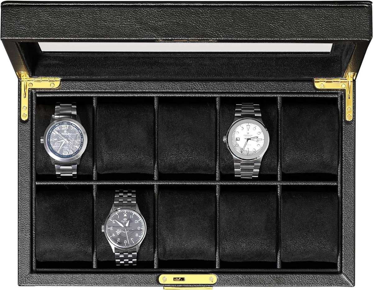 Lederen horlogedoos met 10 sleuven - luxe horlogekast display organizer - ultrazachte microsuède voering - vergrendelende sieraden horloges houder - groot glazen blad - zwart-zwart