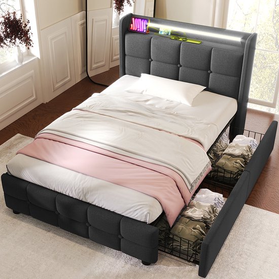 Lit coffre 140x190 cm avec éclairage LED - Lit double avec espace de rangement h