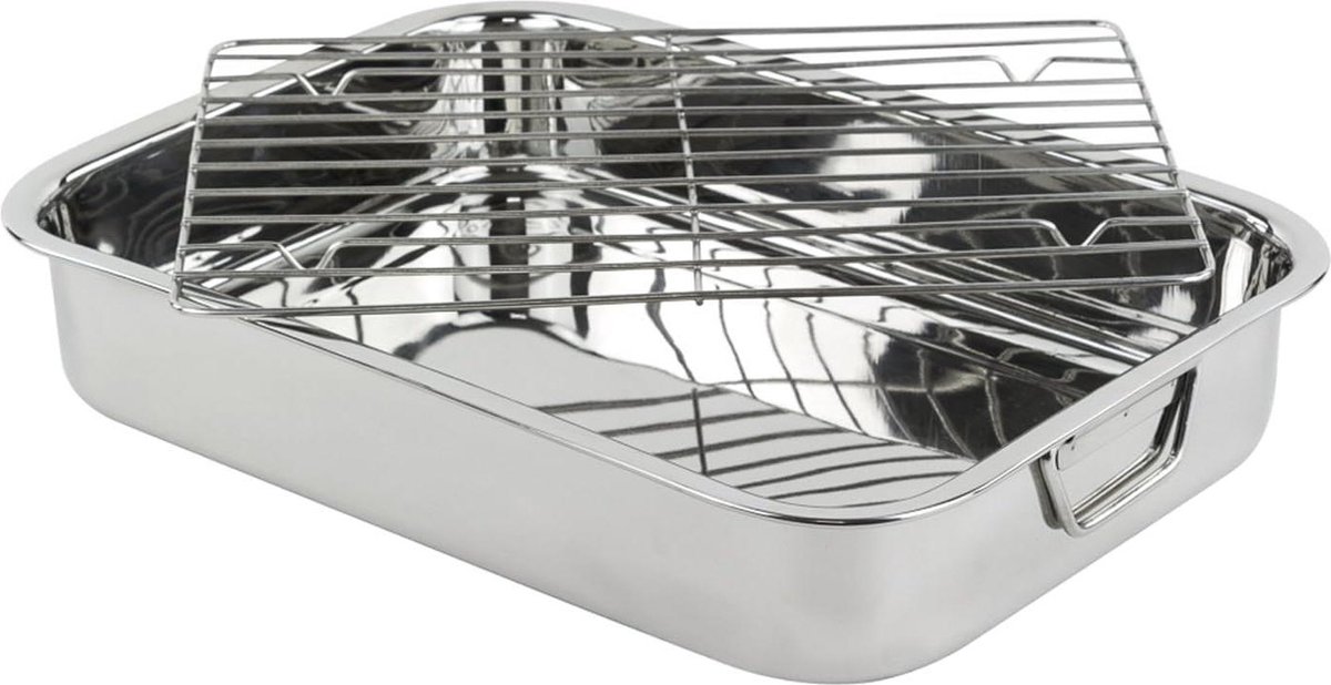 Ovenschaal met Handgrepen - Braadpan met Grill - Roestvrij Staal - Zilver - 35 cm