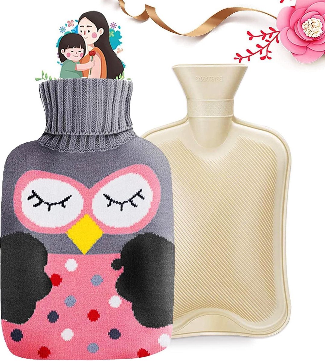 Bol.com Zachte Wollige Warmwaterkruik voor Kinderen en Volwassenen - Groot 2 Liter - Wasbaar - Uil aanbieding