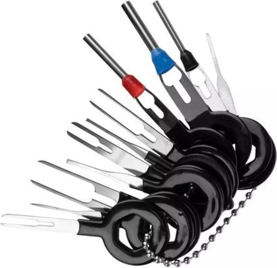 Set van 11 zwarte en metalen autoconnectortrekkers met gekleurde doppen (rood, blauw, zwart).