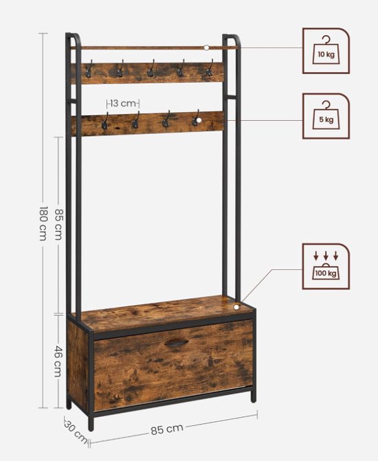 Afmetingen kapstok: 180 cm hoog, 85 cm breed, 30 cm diep. Bruine houten planken, zwart metalen frame.