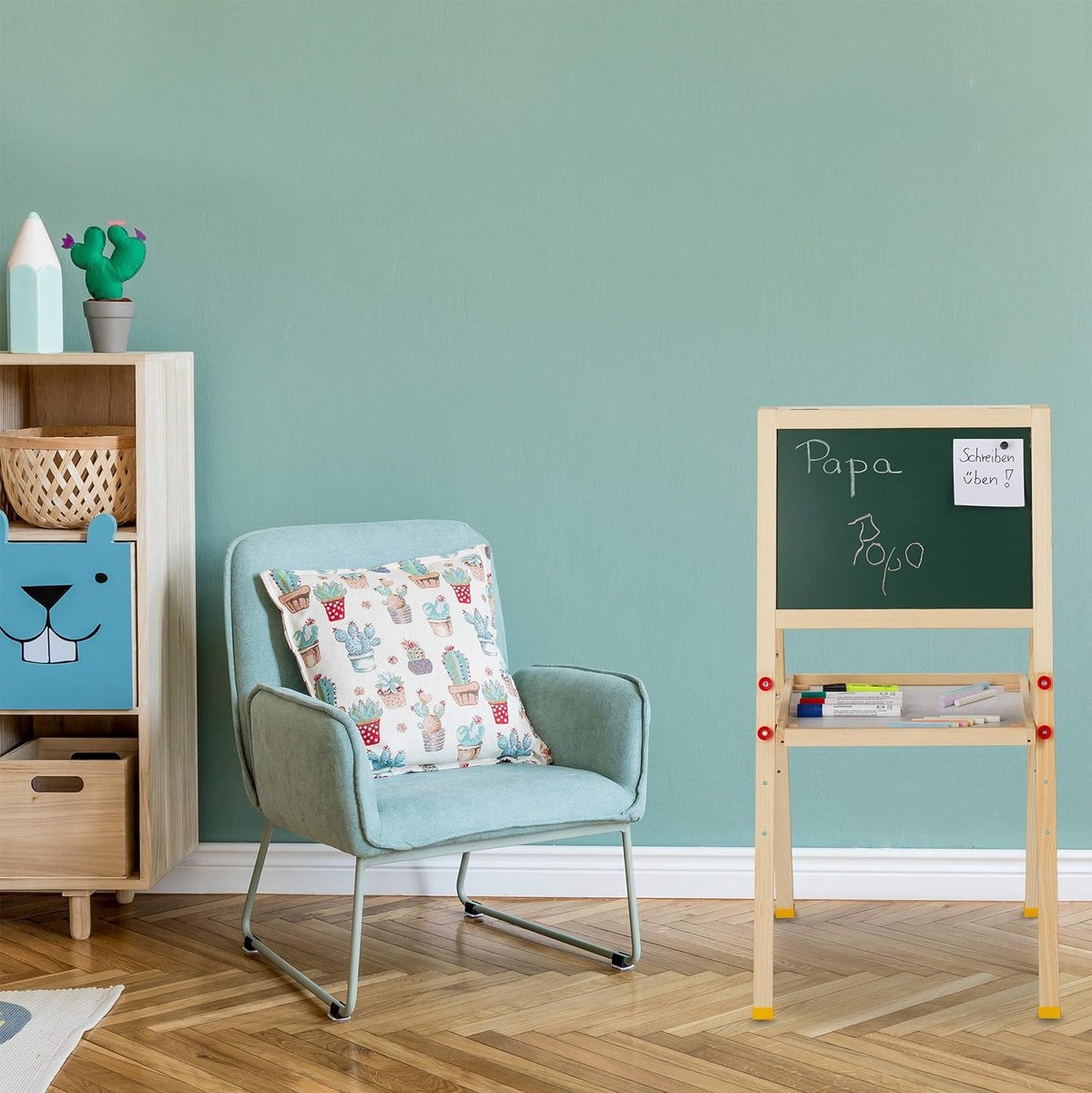 Relaxdays schoolbord kinderen, magnetisch tekenbord, hoogte verstelbaar, 65- 77x39x44,5 cm, whiteboard & krijtbord, bruin