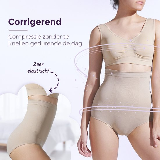 Model draagt beige corrigerend ondergoed. Tekst: 'Corrigerend', 'Compressie zonder te knellen gedurende de dag', 'Zeer elastisch!'.