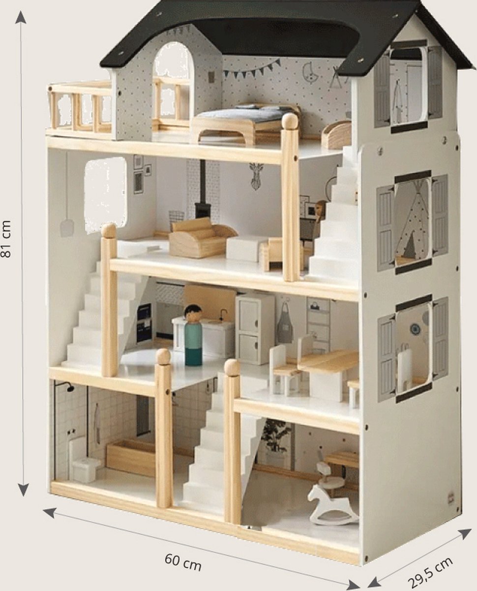 Petite Amélie Houten Poppenhuis - Zwart, grijs en wit - H.80 cm - Incl. 19 Poppenhuis Meubels – Voor een moderne speelwereld vol avonturen — afbeelding 13
