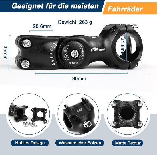 LERWAY Rallonge De Potence De Vélo Avec Clé Hexagonale Pour Tige De Fourche De 28,6 Mm (aluminium, Noir