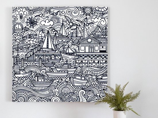 Doodle haven schilderij | Creatieve chaos: Dromerige schetsen van een bruisende havenstad | Kunst - 20x20 centimeter op Canvas | Foto op Canvas