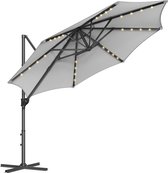 SONGMICS Parasol, zweefparasol, 300 cm, 28 LED-lampen op zonne-energie, UPF 50+, parasol, 360° draaibaar, hellingshoek traploos verstelbaar, met zwengel, kruisvoet, duifgrijs