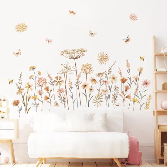 Muursticker Tak met bloemen en vogels