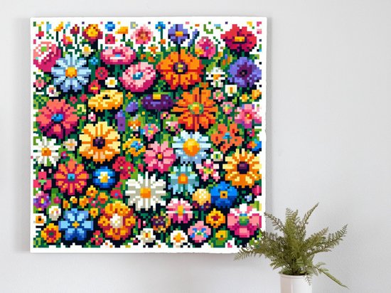 Pixel art bloemen schilderij | Bloemenpracht in digitale glorie: een pixelig kunstwerk vol kleur | Kunst - 20x20 centimeter op Canvas | Foto op Canvas