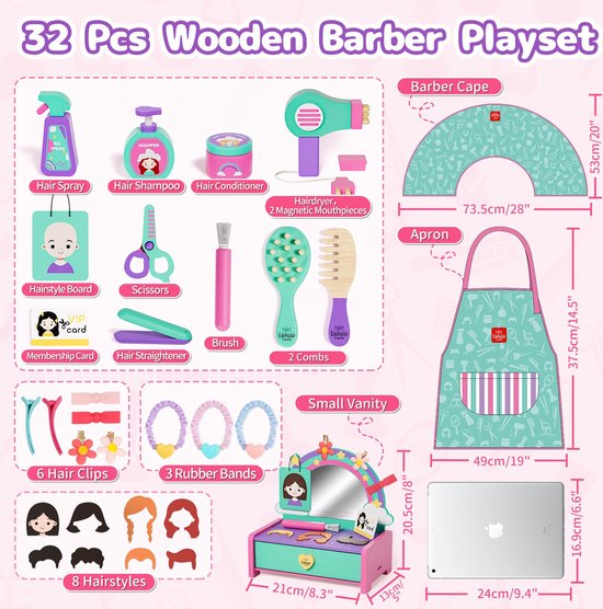 Tacobear Kappersset voor kinderen, meisjes, speelgoed met haardroger