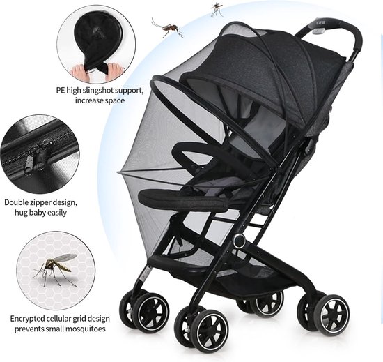 1 Stuks Zwart - Klamboe voor kinderwagen - voor kinderwagen insectenbescherming - voor buggy met ritssluiting muggennet - voor kinderwagens ideale bescherming tegen steekmuggen, wespen en vliegen van Luxstyle — afbeelding 5