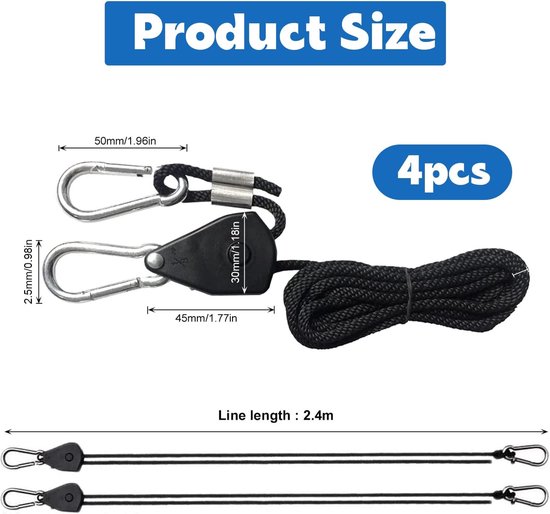 Set Van 2 Verstelbare Hijs Touw Ratel Hangers – 150 Lbs Draagvermogen, Met Carabiner En Polypropyleen Touw, Perfect Voor Plantenlampen En Ventilatoren