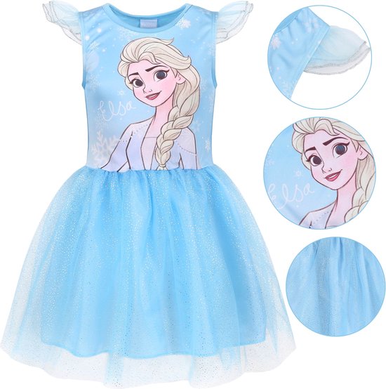 Robe Frozen Elsa Blauw avec tulle et manches courtes, robe fille