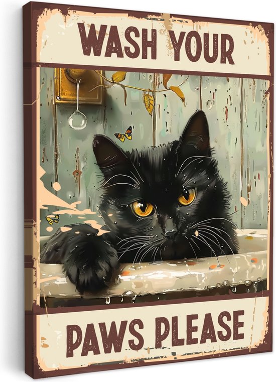 Peinture sur toile 30x40 cm - Décoration murale salle de bain Vintage - Chat - Citations - Lavez-vous les pattes s'il vous plaît - Dictons - Décoration murale WC - Accessoires décoratifs - Décoration murale Toilettes - Peintures sur toile