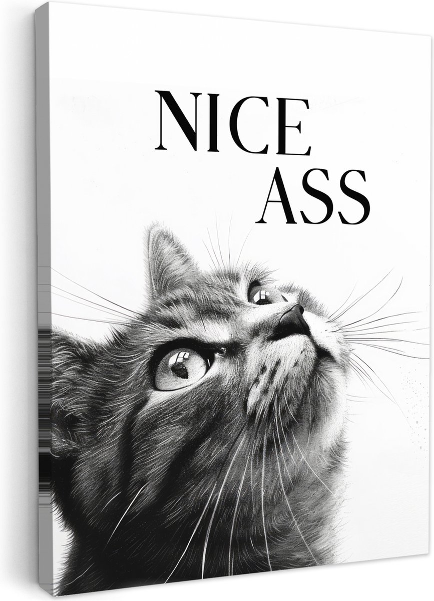 Canvas schilderij 30x40 cm - Wanddecoratie badkamer Katten - Nice ass - Quote - Zwart wit
