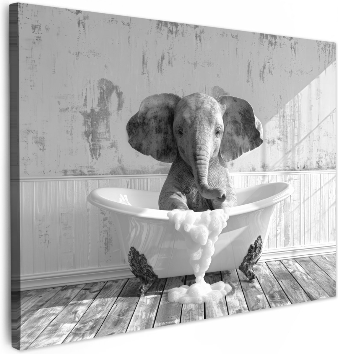 Canvas schilderij 40x30 cm - Wanddecoratie badkamer Olifant - Vintage - Dieren - Zwart - W