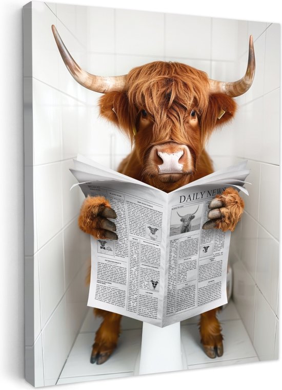 Peinture sur toile 30x40 cm - Décoration murale salle de bain Highlander écossais - Animal - Journal - Toilettes - Décoration murale murale WC - Accessoires décoratifs - Décoration murale Toilettes - Peintures sur toile