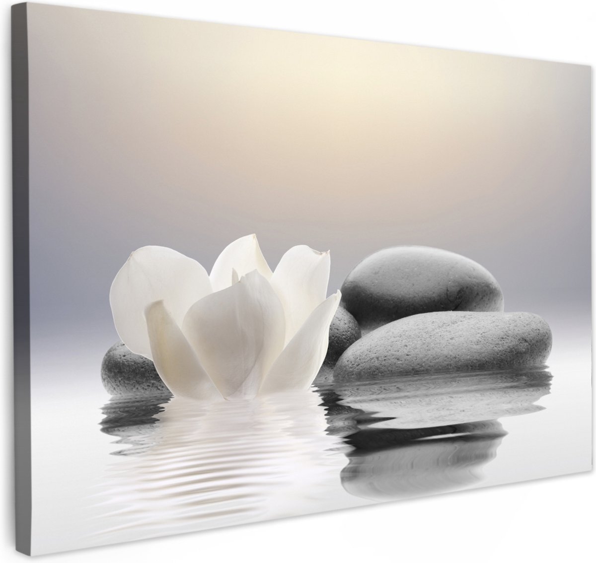 Canvas schilderij 60x40 cm - Wanddecoratie badkamer Stenen - Lotus - Wit - Water - Zen - M