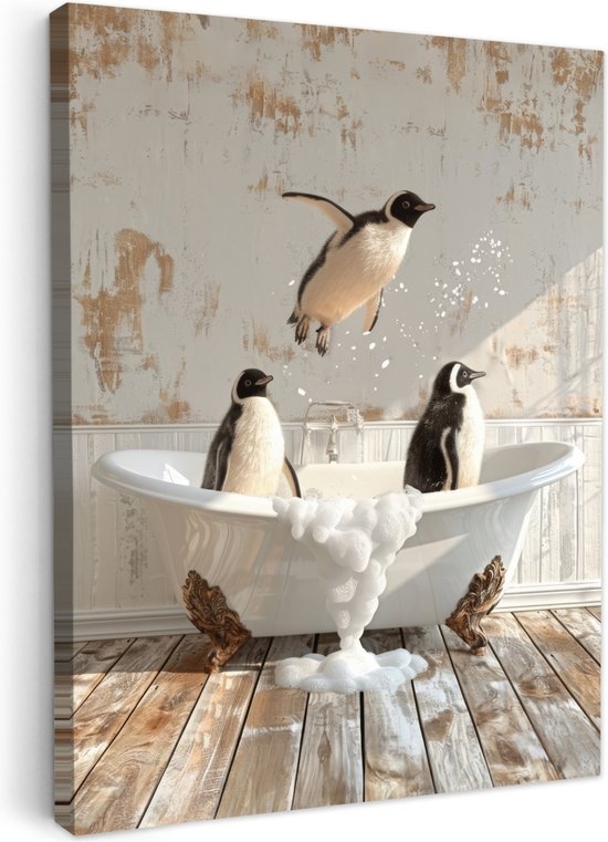Tableau toile 30x40 cm - Décoration murale salle de bain Vintage - Pingouin - Baignoire - Mousse - Décoration murale murale WC - Accessoires décoratifs - Décoration murale Toilettes - Peintures sur toile