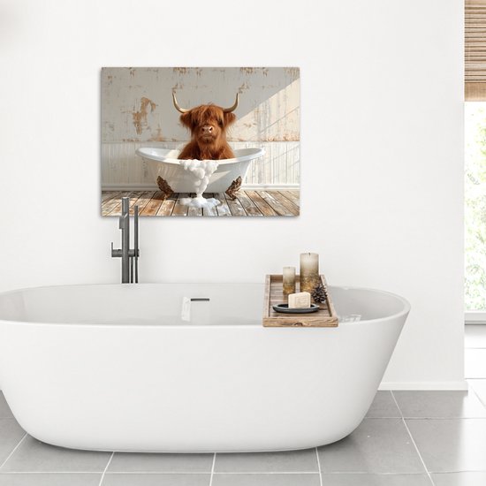 Peinture sur toile 80x60 cm - Décoration murale salle de bain Highlander écossais - Baignoire - Vintage - Vache - Décoration murale murale WC - Accessoires décoratifs - Décoration murale Toilettes - Peintures sur toile