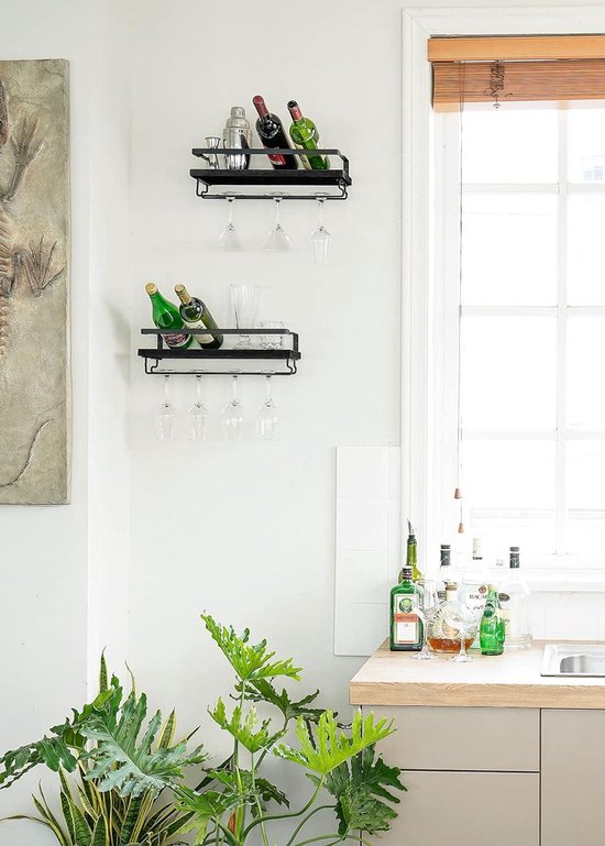 HOOBRO Wall Mounted Wine Rack 2 Pieces, Wine Shelf Hanging Floating Wall Shelves, Wine Glass Bottle Rack Stemware Holder, for Living Room, Dining