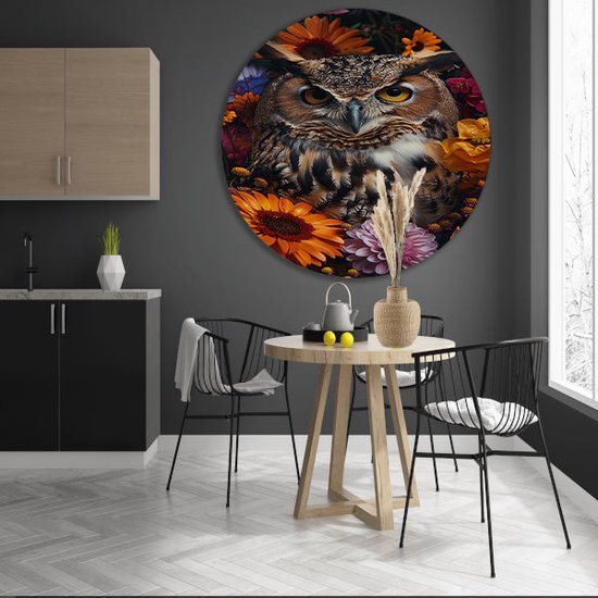 Tableau rond Hibou - Bol mural animaux - Bols muraux Fleurs - Décoration murale industrielle - Panneau mural - Décoration murale cercle mural forex 90x90 cm
