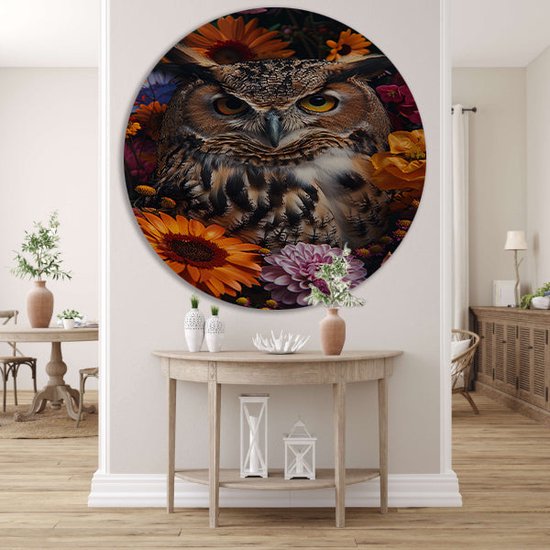 Tableau rond Hibou - Bol mural animaux - Bols muraux Fleurs - Décoration murale industrielle - Panneau mural - Décoration murale cercle mural forex 90x90 cm
