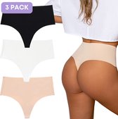 Naadloze High waist string voor Dames - Naadloos ondergoed dames - Maat XL - Zwart, Wit, Beige - Set van 3 - Ultrazacht - Naadloos ondergoed dames - Seamless ondergoed dames - Invisible string - Naadloze string