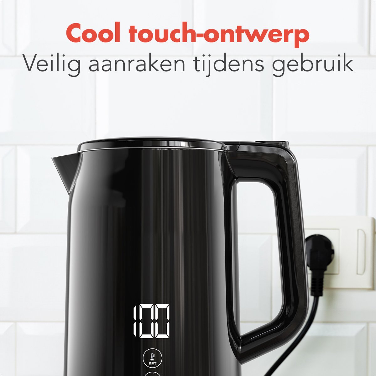 KitchenBrothers Waterkoker - 1.7L - Met Temperatuurregeling - PFAS- & BPA-vrij - Warmhoudfunctie - Display - Dubbelwandig - 2200W - Zwart — afbeelding 5
