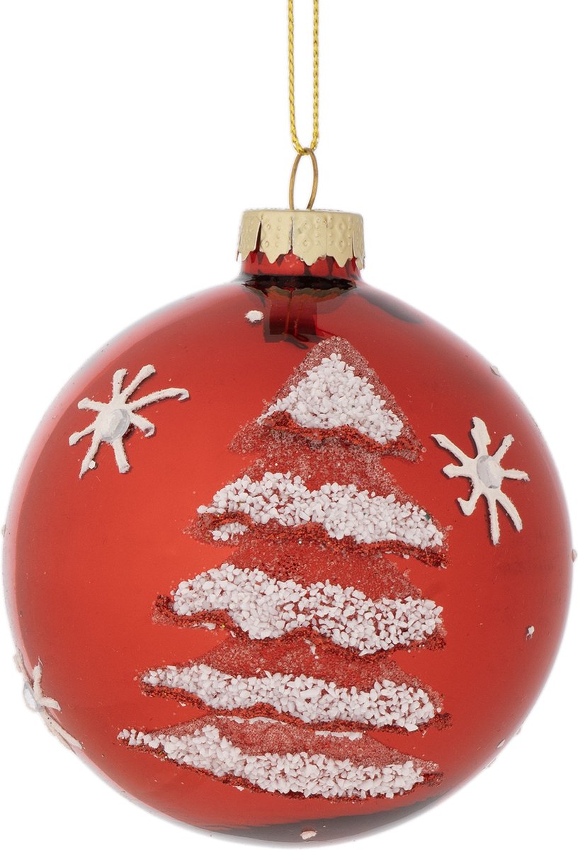 Dekoratief | Hanger kerstbal m/boom, rood/wit, glas, 8x8x8cm | A249068